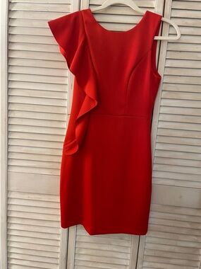 Gianni Bini Red Sheath Dress Ruffle on One Shoulder Full Zipper Back - Size XS